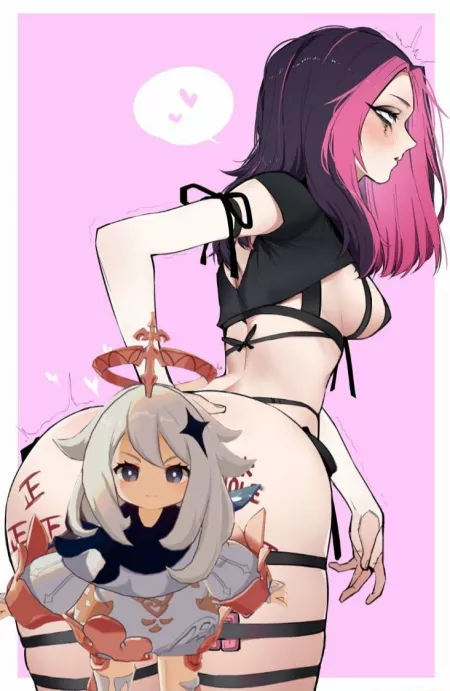 LF Color Source: 1girl, black lingerie, body writing, from behind, hand on own ass, hearts, multicolored hair, overboob crop top, paimon meme, pink background, pink/purple hair, rolling eyes, runny makeup/mascara, sideboob, tally marks, thigh straps, ver