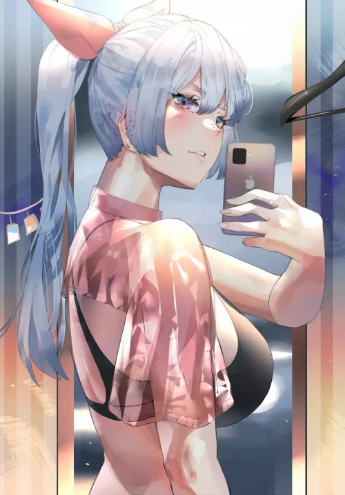 LF color source: 1girl, phone, blue hair, long hair, ponytail, black bra, apple, side boob, teeth, bangs, hair ribbon, mirror