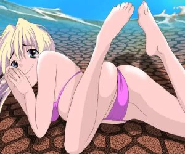 LF color source: 1girl, pink bikini, white hair, long hair, smile, lying down, leg bend