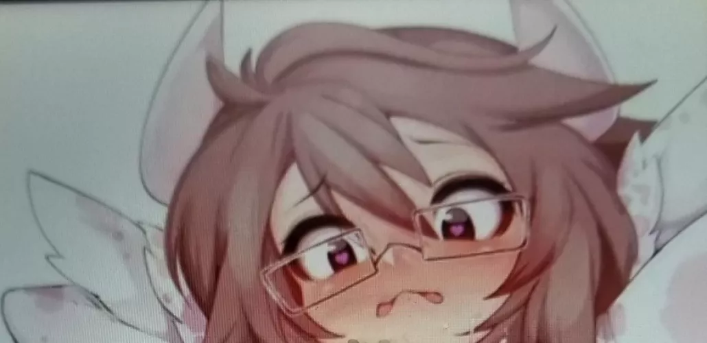 LF Color Source: 1girl, pink hair, arms behind head, scared face, frown, red eyes, animal horns, glasses, blush