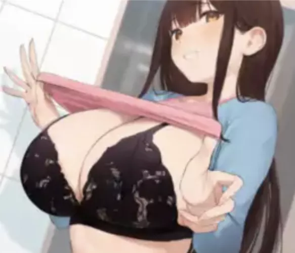 LF color source: 1girl, shirt lift, black bra, yellow eyes, brown hair, long hair, large breasts