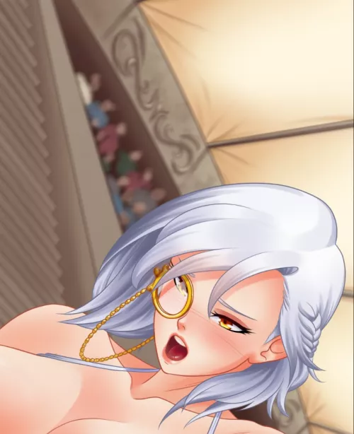 LF Color Source: 1girl, white hair, monocle, large breasts, public, exhibitionism