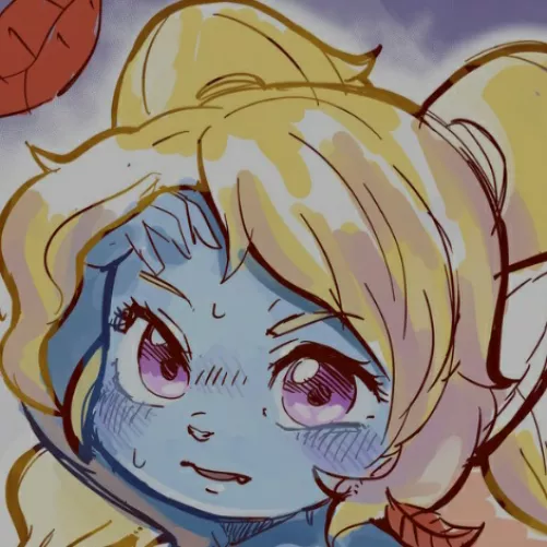 Lf color source: blonde hair, 1girl, leaf, fang, blue skin