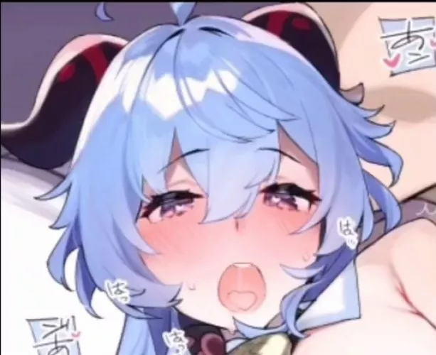 LF color source: horns, 1girl, blue hair, pink eyes, heart-shaped pupils, eyebrows visible through hair, looking at viewer, open mouth, saliva, drooling, blush, tongue, bare shoulders, large breasts, short hair, sweat, trembling, ganyu, foreign text.