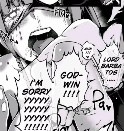 LF mono source, 1girl, girl saying “LORD BARBATOS....” “GOD-WIN!!! I’M SORRYYYYYYYYYYYYYYYY!!!” “AHN!!!”, blindfold, sweat, beg, Ahegao, Mind Break