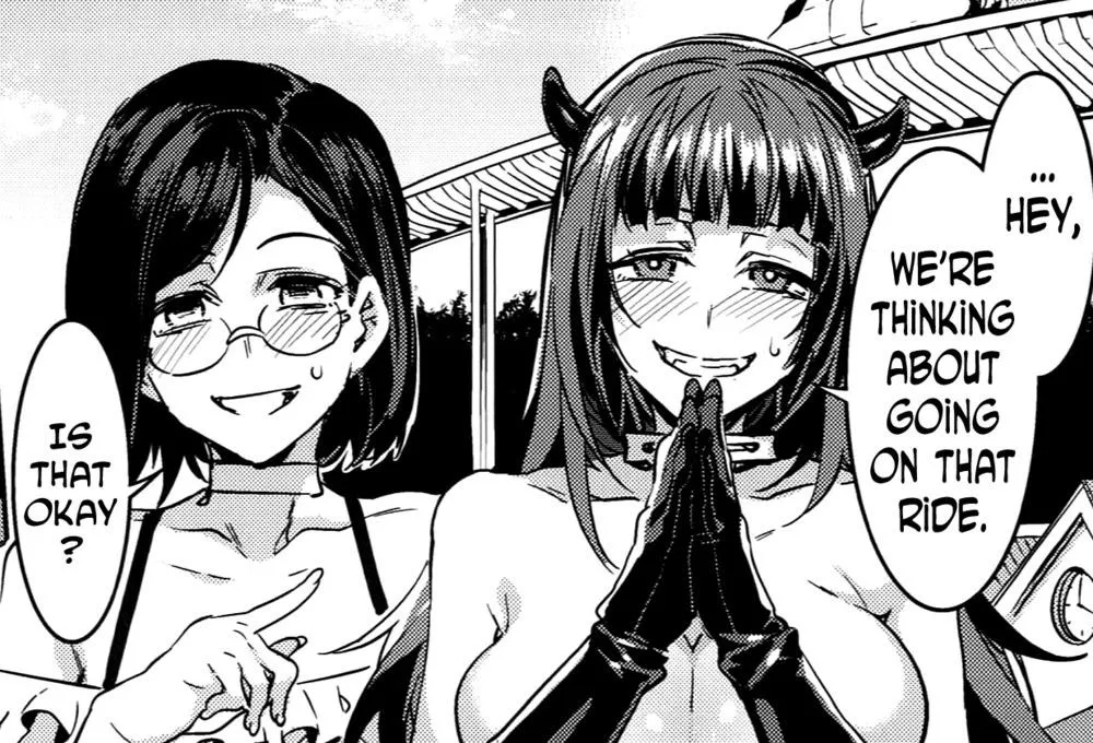 LF Mono Source: 2girls, short dark hair, blush, glasses, demon horns, gloves, choker necklace, big breasts, semi nude, arms covering breasts, “Hey, we’re thinking about going on that ride.”, “Is that okay?” LF Mono Source: 2girls, short dark hair, blush, glasses, demon horns, gloves, choker necklace, big breasts, semi nude, arms covering breasts, “Hey, we’re thinking about going on that ride.”, “Is that okay?”