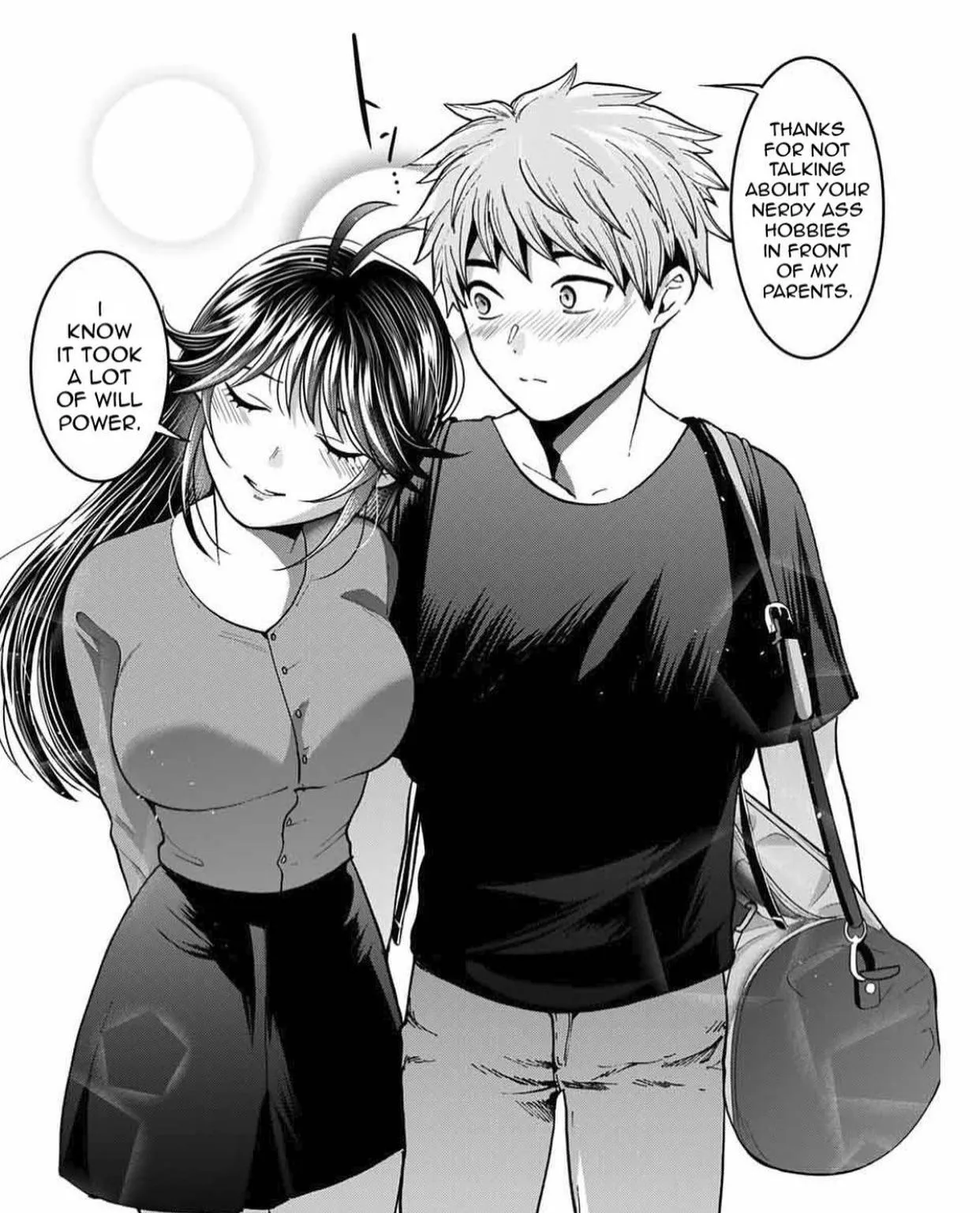 LF mono source: “thanks for not talking about your nerdy ass hobbies in front of my parents. i know it took a lot of willpower.” 1girl, 1boy, blushing, dark shirt, big breasts, short skirt, dark hair