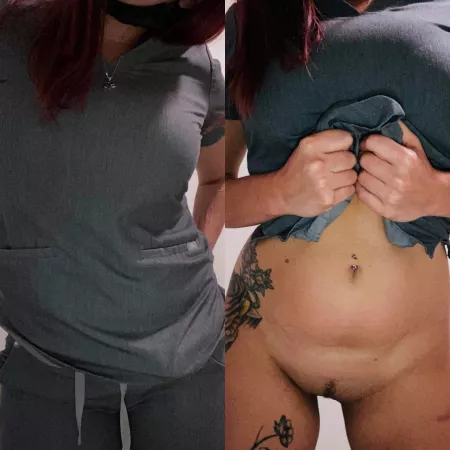 No panties day at work. Too bad gray scrubs show wet spots!!!