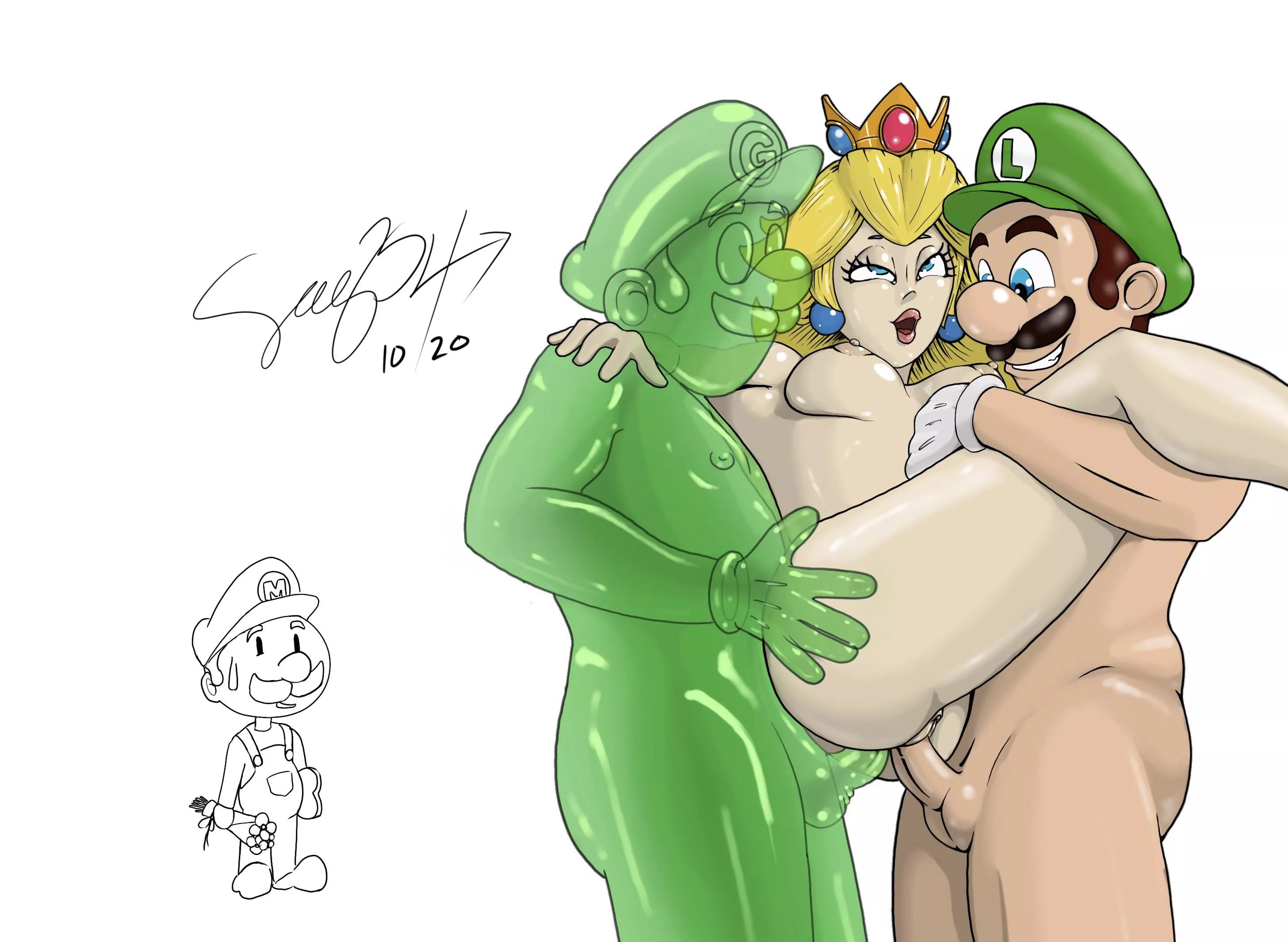 Princess Peach gets double teamed bu Luigi and Gooigi. Sorry Mario, the princess has needs!