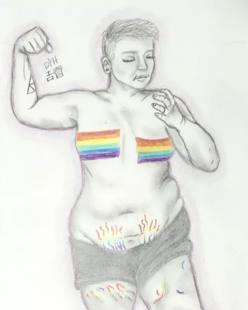 Recent piece I did for an enby wanting to commemorate their changing body on HRT and new stretch marks ❤️🧡💛💚💙💜