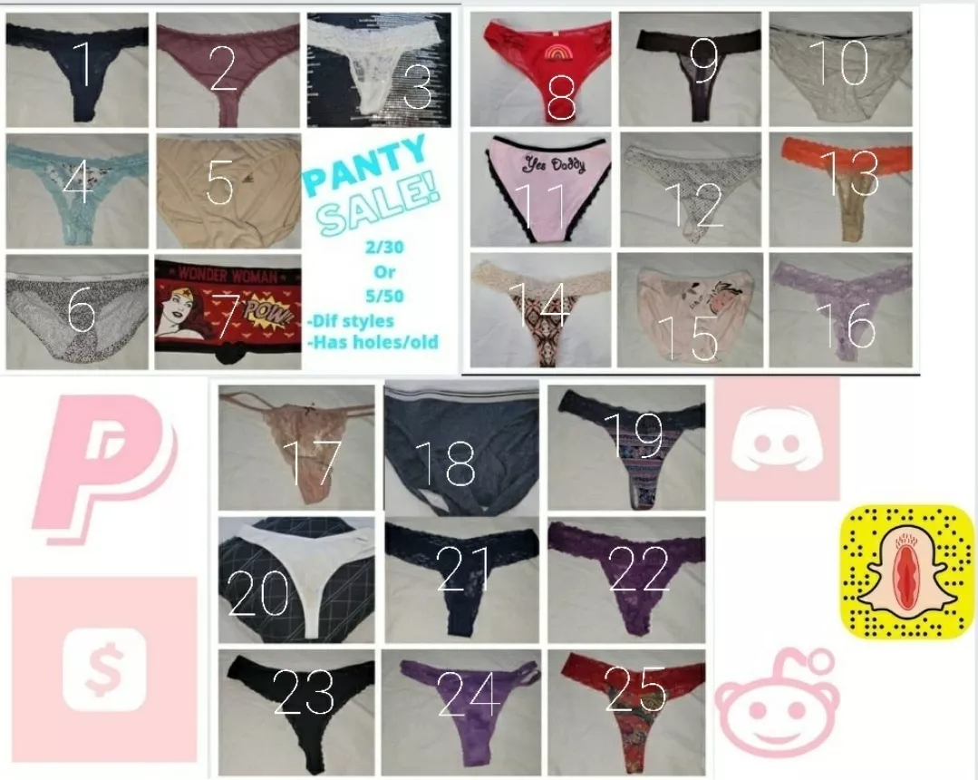 [SELLING] Available for wears!! 🌻🖤🌻 Having a panty sale!! I've got 10 days till my next moon lemme get something dirty for you 😘 These pairs are yrs old, or have holes, fraying seams. They're perfect for the old school or hardcore panty con