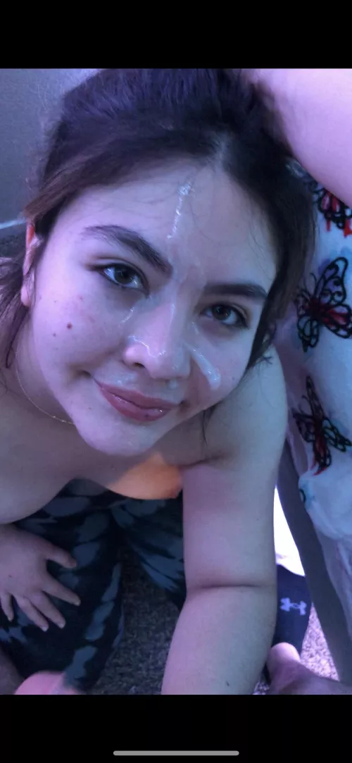 Sheβs so happy to be covered in cum