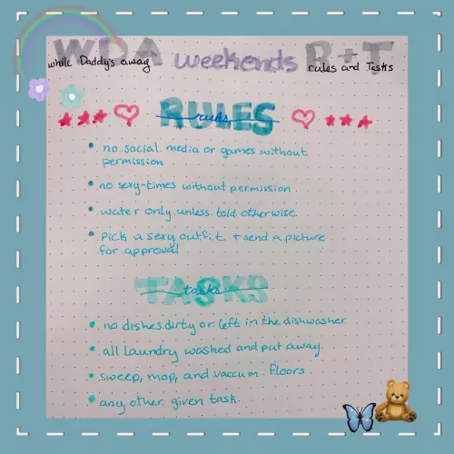 Sometimes on the weekends Daddy goes to work and I stay home. I made this cute little page in my journal for what I’m supposed to do and what I’m not allowed to do. it’s nice being cared for and having something to fill my time that is productive a
