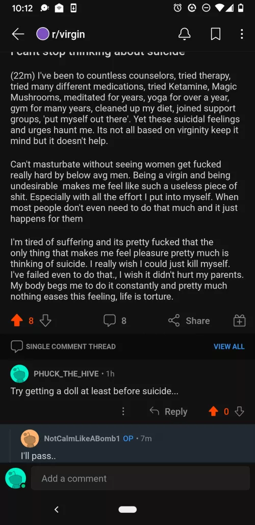 This dude will take suicide over a doll? Lol wut?