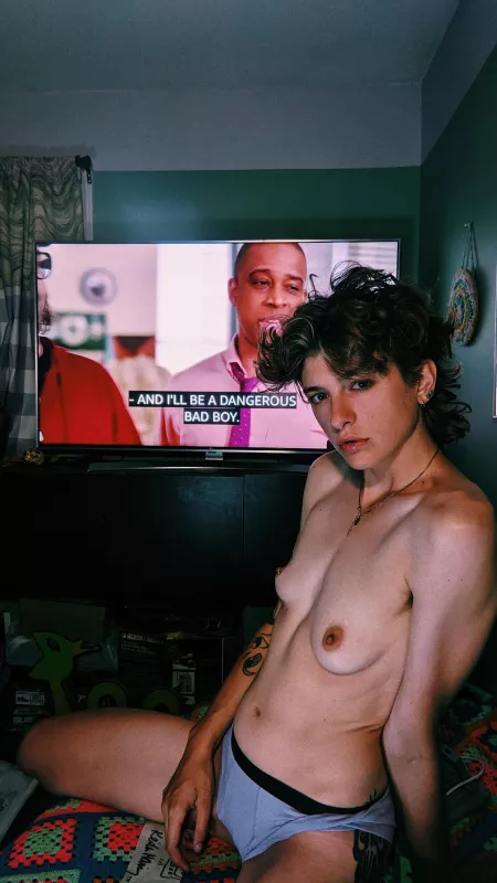 This photo is just missing my strap on...featuring perfectly timed captions on the tv 😅