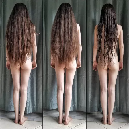 three stages of mane: unwashed/unbrushed, unwashed/brushed, washed (self shot)