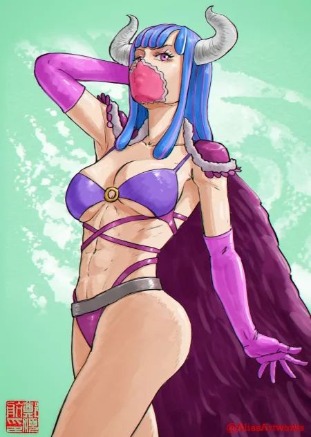 Ulti trying on her old Beast Pirate uniform (@AliasArtworks)