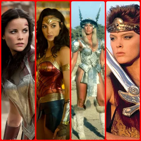 Warrior Goddess Sif (Jaimie Alexander), Wonder Woman (Gal Gadot), Valeria (Sandahl Bergman), and Red Sonja (Brigitte Nielsen)
