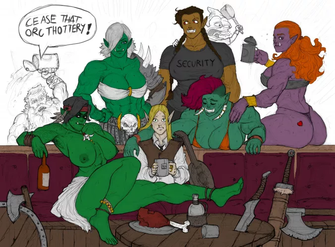 Was bored, colored in Orc Harem. Original artwork by JustSomeNoob, link in comments.
