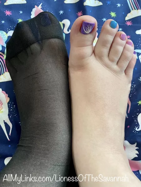 Which is better? My freshly done multicolored toes or my feet in nylon socks?! 😜