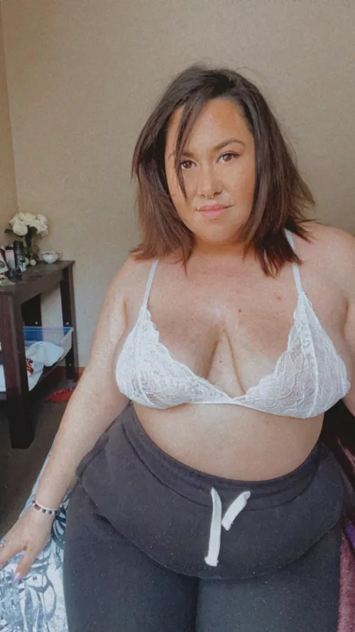 White lace and track pants is what I’m wearing to our movie date 🤍